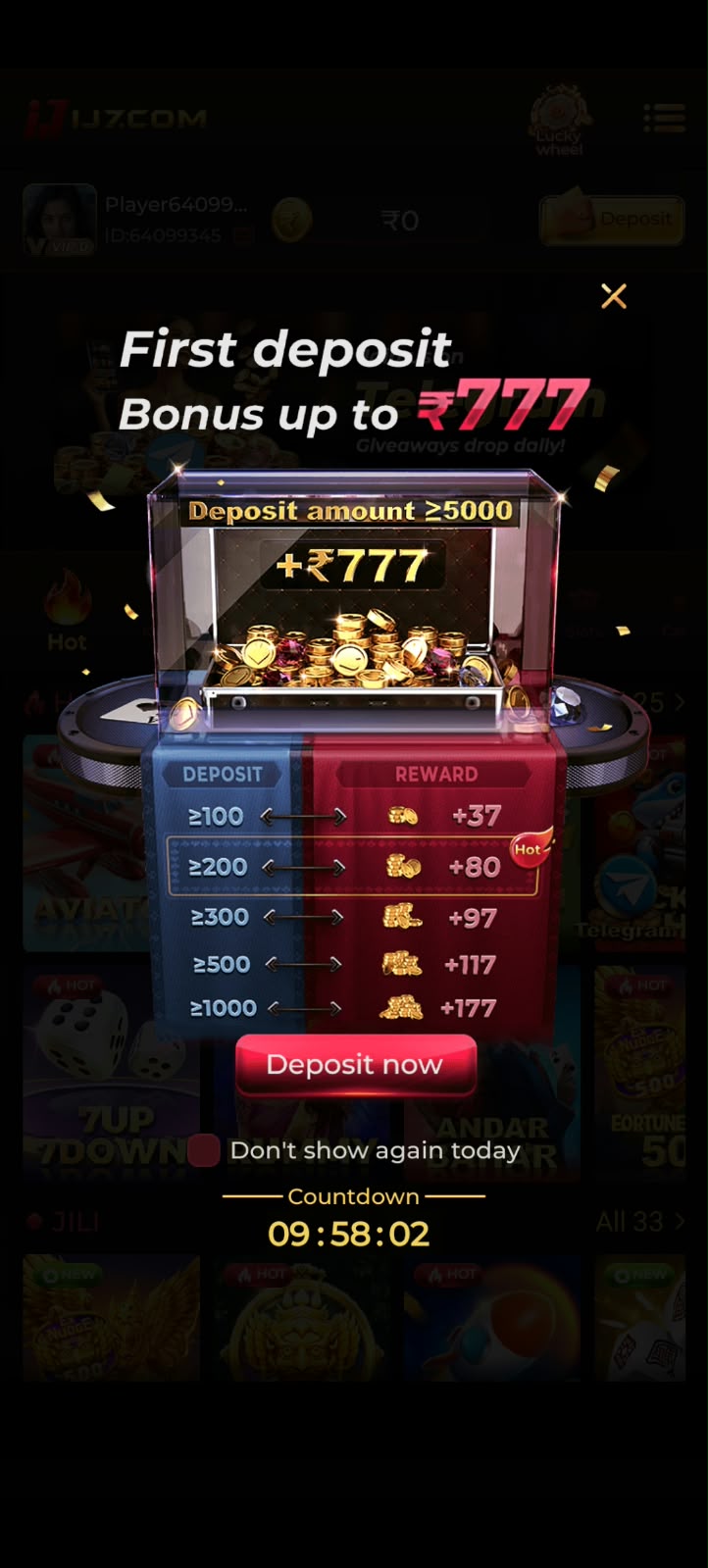 First-deposit bonus promotion screen inside the IJ7 Game app