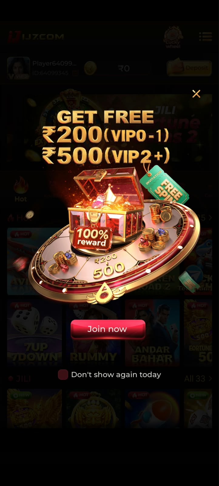 In-app reward wheel promotion screen inside the IJ7 Game app
