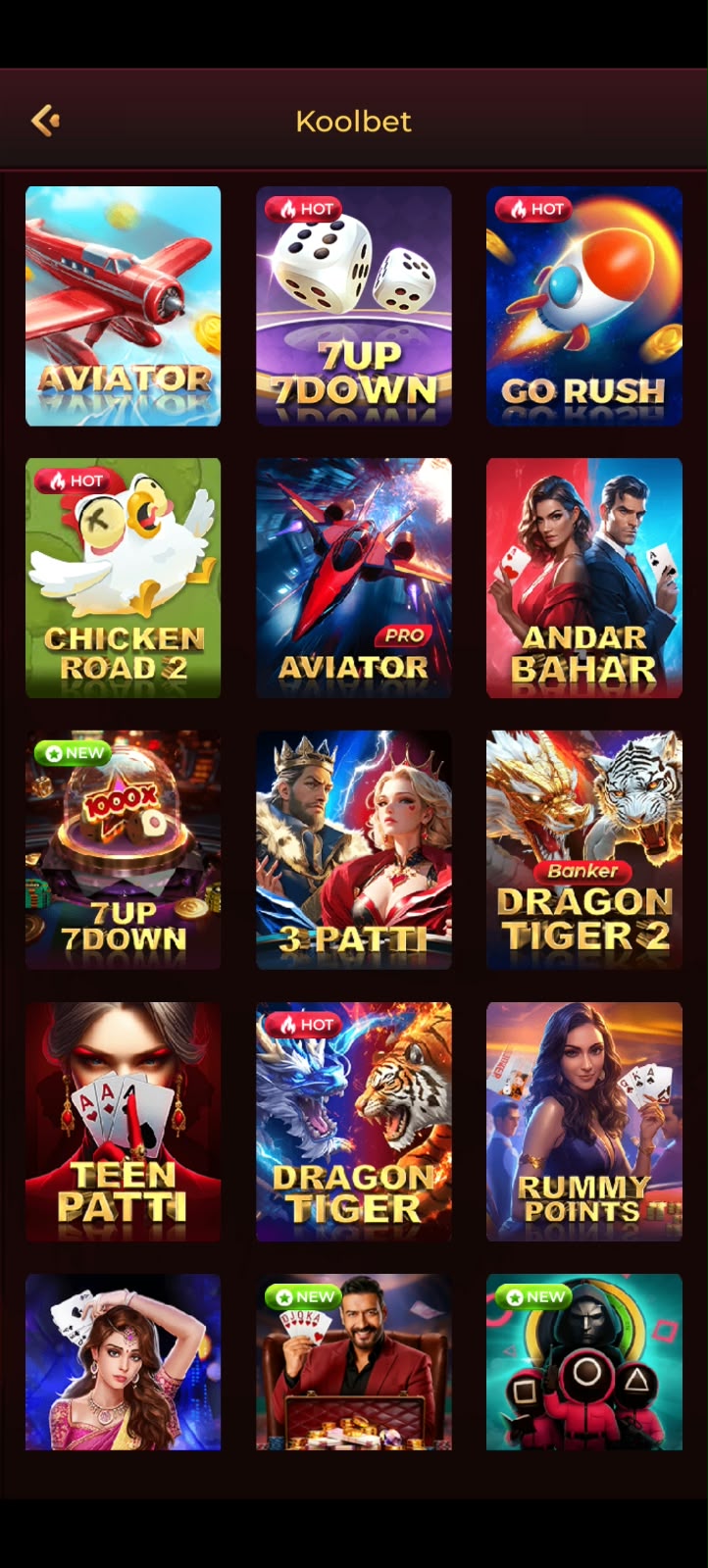 A game provider's list inside the IJ7 Game app, including crash and card games