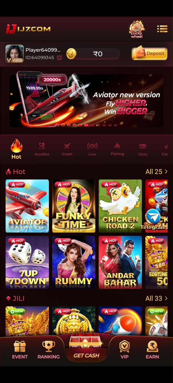 IJ7 Game app home screen with the hot games row